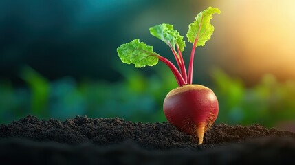 Freshly Harvested Radish Emerging from Dark Rich Soil Surrounded by Lush Green Leaves Under Soft Natural Light