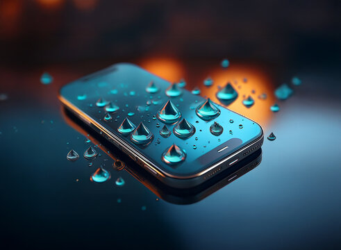 A sleek smartphone rests on a reflective surface, adorned with numerous water droplets.  The scene is dramatically lit, highlighting the phone's waterproof design.