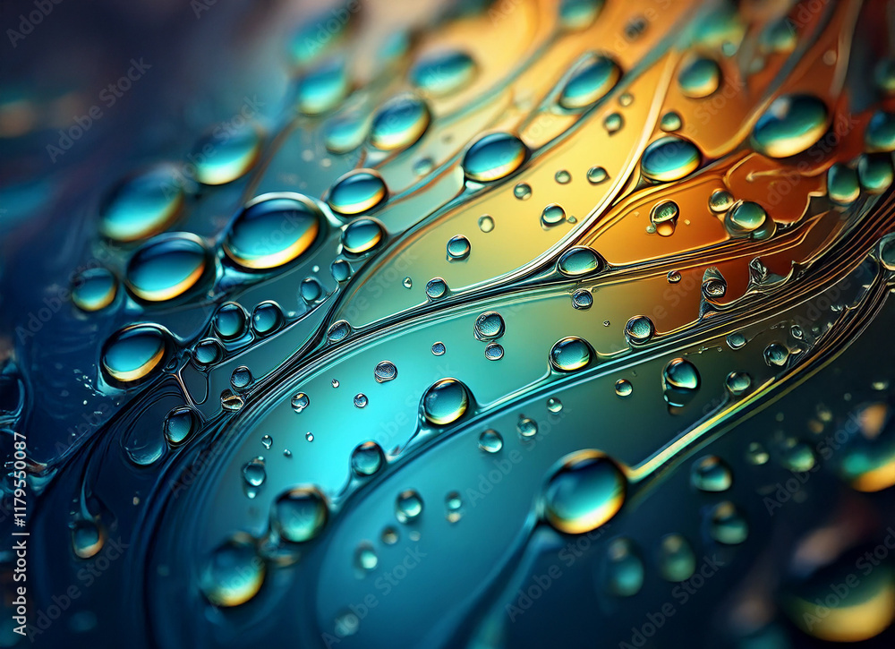 Poster close-up of water droplets on a vibrant, multicolored surface. the droplets vary in size and create 