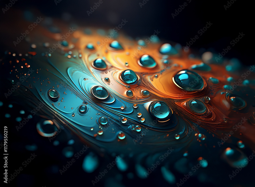 Aufkleber Intricate swirls of teal and amber paint, speckled with glistening water droplets, create a mesmerizing abstract macro.  The interplay of light and shadow enhances the three-dimensional effect.