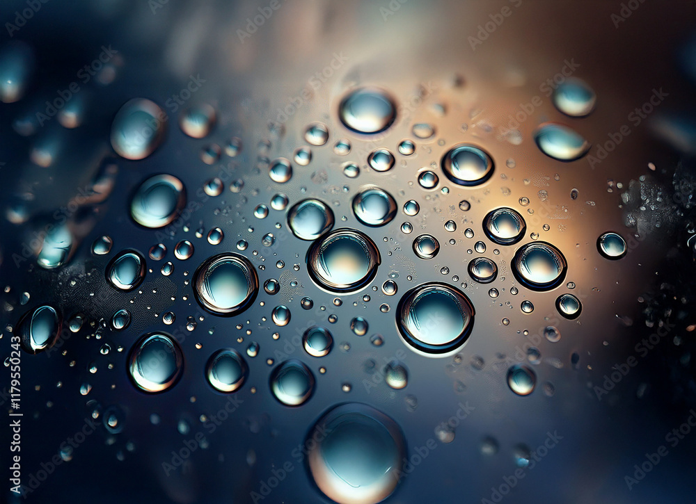 Leinwandbilder close-up view of water droplets on a dark, reflective surface. the droplets vary in size and create 
