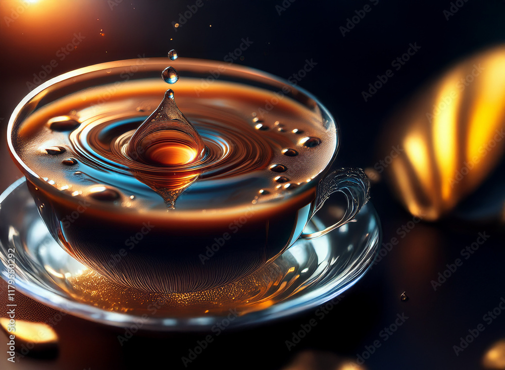 Aufkleber A close-up of a glass cup of coffee with a droplet splashing into it, creating concentric ripples.  The scene is dark and dramatic, with warm lighting highlighting the coffee.