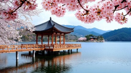 Obraz premium Tranquil Asian Lake Scene with Cherry Blossoms and Traditional Pavilion Reflection