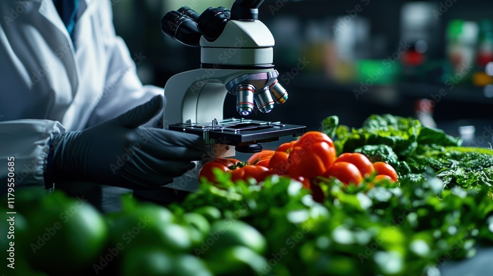 Poster scientist in lab coat examining fresh vegetable under microscope in bright laboratory creating an at