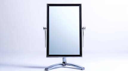 A rectangular vanity mirror with an adjustable stand, isolated on white,