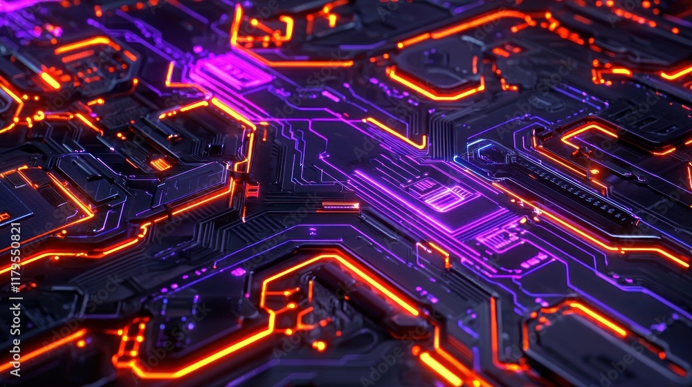 Poster abstract cyberpunk circuitry: glowing neon lines and technological design