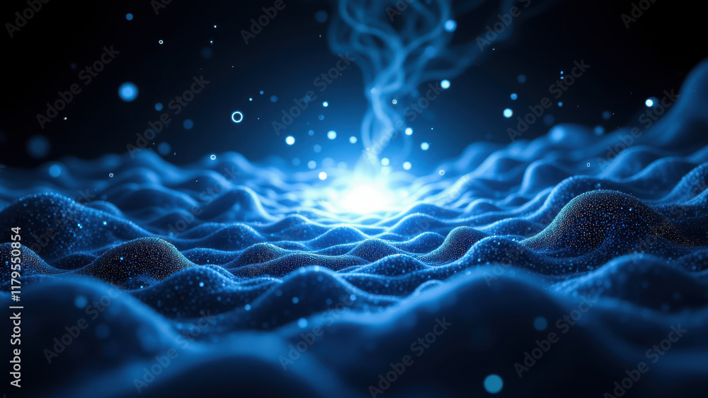 Poster abstract glowing blue and black nebula with fluid waves and cosmic particles in outer space.
