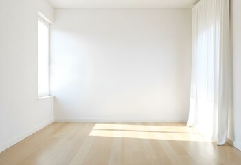 Fototapeta premium A bright and airy room with white walls, a wooden floor, and long white curtains hanging from the ceiling, creating a serene and minimalist atmosphere