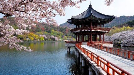 Naklejka premium Idyllic Spring Landscape with Serene Lake and Traditional Pavilion Among Blossoming Trees