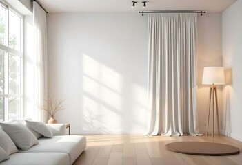 Fototapeta premium A bright and airy room with white walls, a wooden floor, and long white curtains hanging from the ceiling, creating a serene and minimalist atmosphere