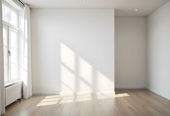 Obraz premium A bright and airy room with white walls, a wooden floor, and long white curtains hanging from the ceiling, creating a serene and minimalist atmosphere