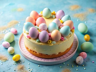Obraz premium Easter Cake and Colorful Eggs on Blue Spring Background - Festive Holiday Dessert Stock Photo