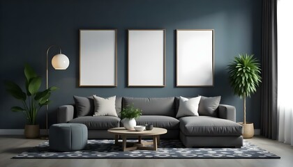 Fototapeta premium A modern living room with a gray sofa, three framed blank canvases on the wall, and a round coffee table on a patterned rug