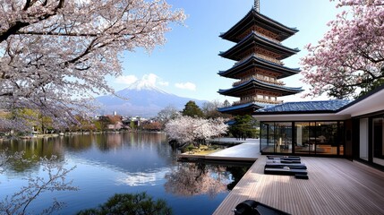 Obraz premium Tranquil Lakeside View with Traditional Architecture and Blooming Cherry Blossoms
