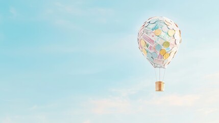 Naklejka premium Hot air balloon with colorful currency notes and coins floating against a bright blue sky