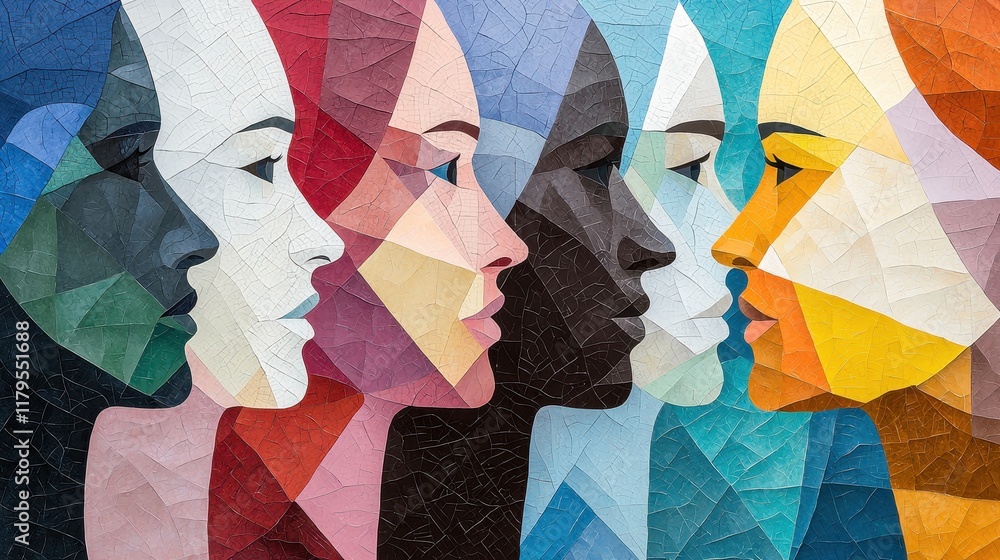 Poster colorful abstract profile faces in geometric shapes representing diversity and unity in modern art