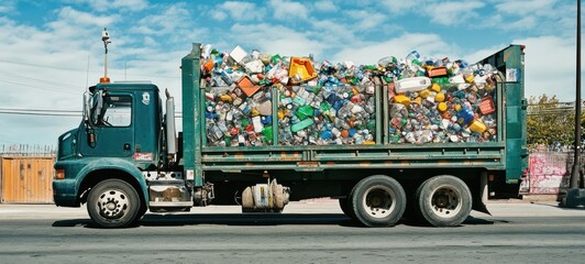 A truck filled with recyclable waste driving on a city street.