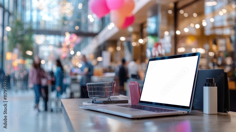 Poster modern laptop on table in bustling mall setting surrounded by shoppers creating a vibrant and dynami