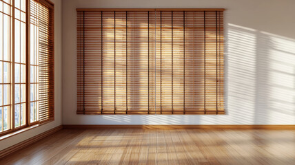 Chinese style blinds concept, Bright modern room with bamboo blinds and wooden flooring, creating serene atmosphere