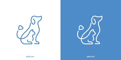 Simple Pet Care Logo. Lineart Dog Cat and Love Icon Graphic. Pet Shop Logo Design Template.
