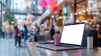 Modern Laptop on Table in Bustling Mall Setting Surrounded by Shoppers Creating a Vibrant and Dynamic Atmosphere