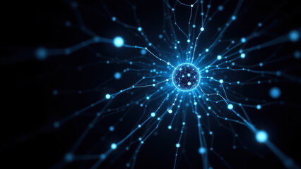 Fototapeta premium Abstract starburst pattern with a central blue sphere on a dark background.