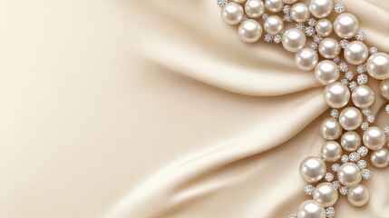 Obraz premium White pearls gracefully placed on a soft, neutral fabric create a stunning backdrop perfect for product displays and fashion design.