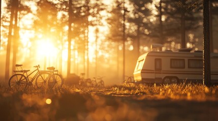 A 3D-rendered caravan and bicycles in a forest, illuminated by soft golden rays, realistic textures, warm atmosphere, vibrant and immersive