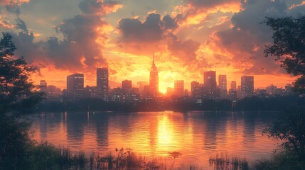 Naklejka premium Fiery Sunset Over Cityscape Reflecting on Calm Water