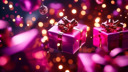 A 3D-rendered Valentine gift scene with metallic pink and gold boxes, intricate holographic patterns, sparkling ornaments, and warm ambient lighting, futuristic, high detail