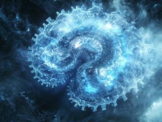 Obraz premium A biomechanical brain merging with a cybernetic network, gears meshing with electric circuits, bathed in a soft blue luminescence