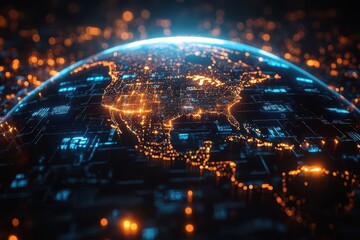 futuristic globe hologram showing detailed north american continent with glowing blue digital networks and information flow across major cities