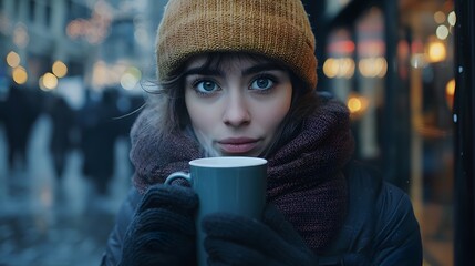 Cozy winter moment with brunette woman warms up with steaming cup of coffee on chilly day. Come in From the Cold Day celebration of warmth and comfort