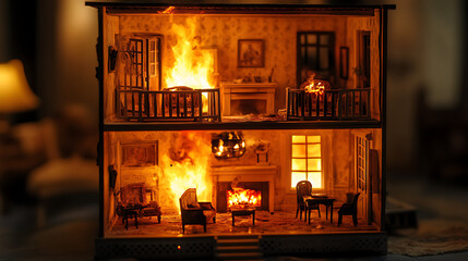A dollhouse engulfed in flames, depicting a dramatic scene of destruction.