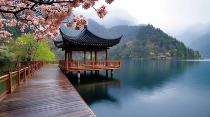Fototapeta premium Serene Scenic View of Peaceful Lake Surrounded by Mountains and Cherry Blossom Trees