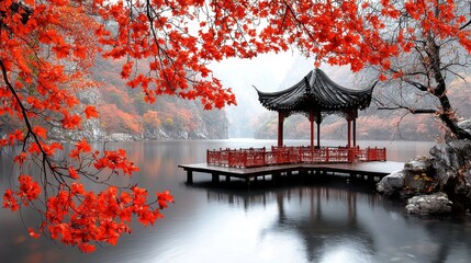 Fototapeta premium Peaceful Scenic View of a Lake with Chinese Pavilion Surrounded by Autumn Colors