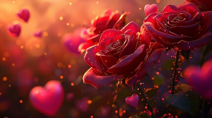 A bouquet of roses with mechanical stems and petals, each adorned with tiny gears, surrounded by soft pink holographic hearts, Sci-fi, Digital painting
