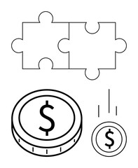 Two puzzle pieces indicate teamwork and integration, with a falling coin symbolizing financial transactions or investments. Ideal for finance, business, problem-solving, collaboration, economics