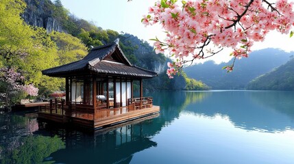 Fototapeta premium Serene Lakeside Gazebo Surrounded by Nature with Blossoming Trees and Peaceful Waters