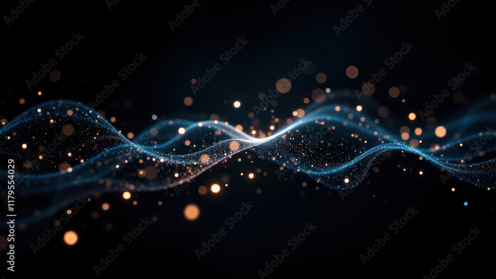 Poster abstract background with swirling light effects and bokeh flares on a dark canvas.