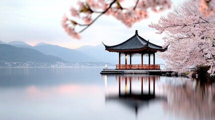 Fototapeta premium Serene Traditional Chinese Gazebo Surrounded by Nature and Cherry Blossom Trees