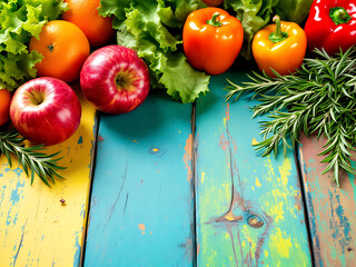 Vegetables on blue wooden kitchen with copy space. Top view, 