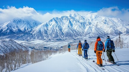 Skiers traverse snowy mountain range.