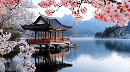 Obraz premium Serene Oriental Garden Setting by Lakeside with Gazebo and Cherry Blossoms