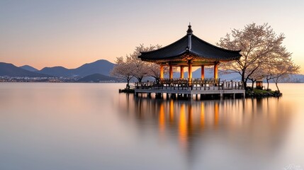 Fototapeta premium Serene Oriental Landscape with Traditional Pavilion and Lakeside Reflections at Dusk