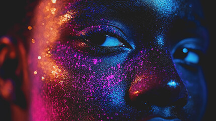 Naklejka premium A woman adorned with shimmering glitter on her face exudes confidence and creativity in a vibrant and artistic setting showcasing beauty and self-expression in contemporary culture