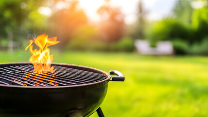 Flames dancing on charcoal grill in backyard garden during golden sunset create perfect summer outdoor cooking ambiance with green lawn