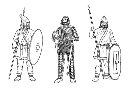 Heavily armed Parthian warrior with guard. Historical drawing with antique warriors.
