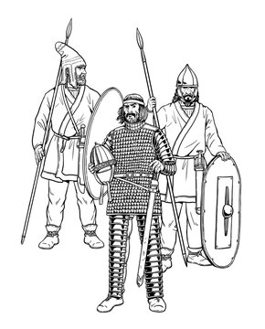 Heavily armed Parthian warrior with guard. Historical drawing with antique warriors.
