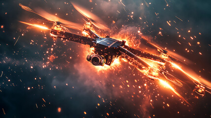 A dramatic image of a drone surrounded by fiery sparks and smoke, showcasing technology in action.